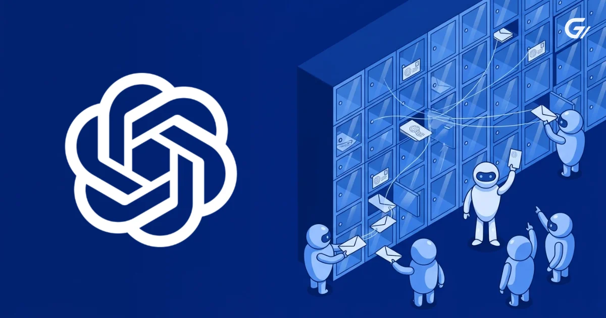 Logo de OpenAI sobre fondo verde. A la derecha, ilustración de una pared de casilleros de vidrio donde pequeños robots dejan, recogen y se pasan tarjetas, unidos por hilos de luz.
