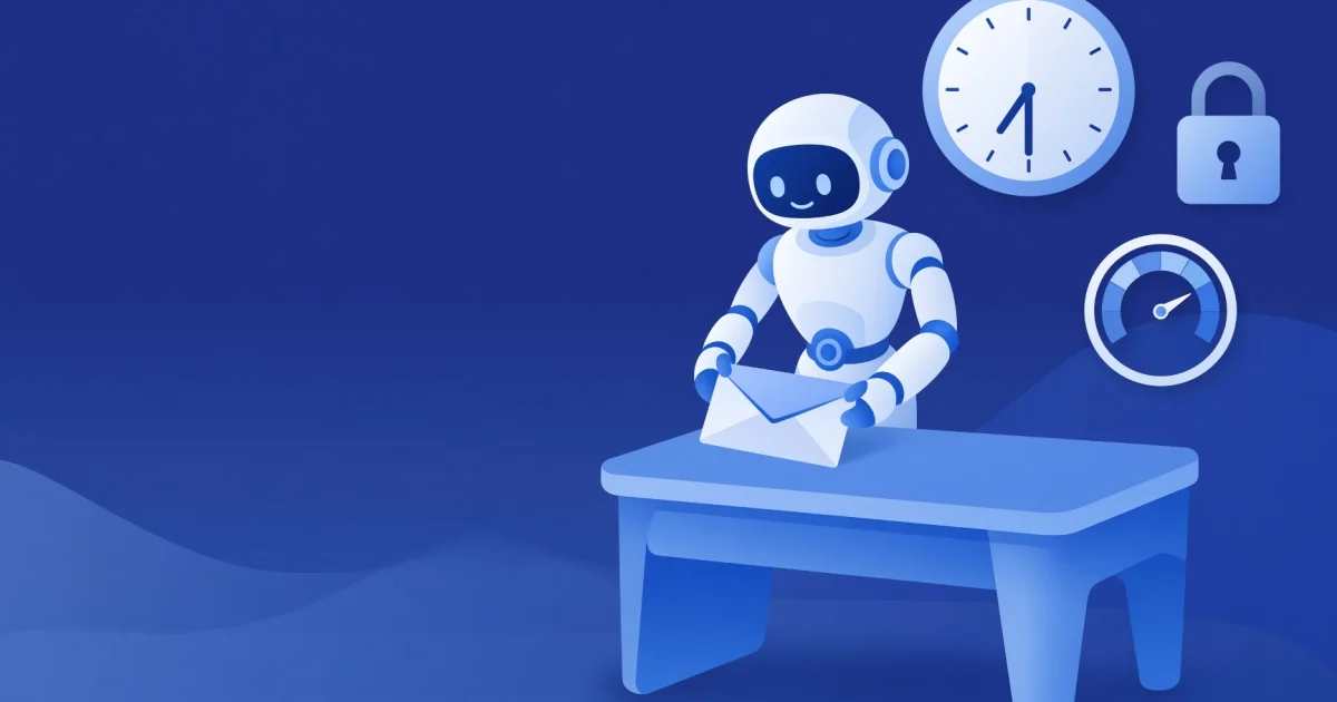 Un robot amable deja un sobre sobre una mesa junto a un reloj de pared, con un candado y un medidor vigilando detrás.