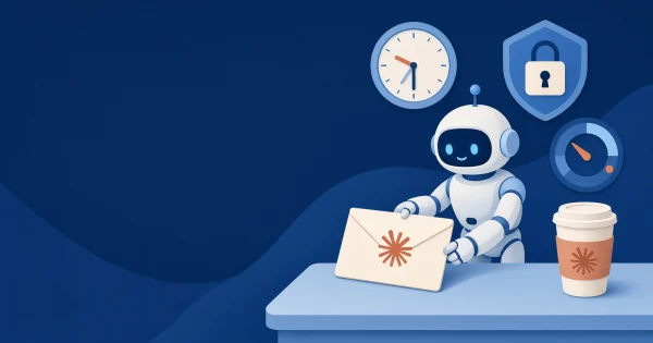 Un robot amable deja un sobre sobre una mesa junto a un reloj de pared, con un candado y un medidor vigilando detrás.
