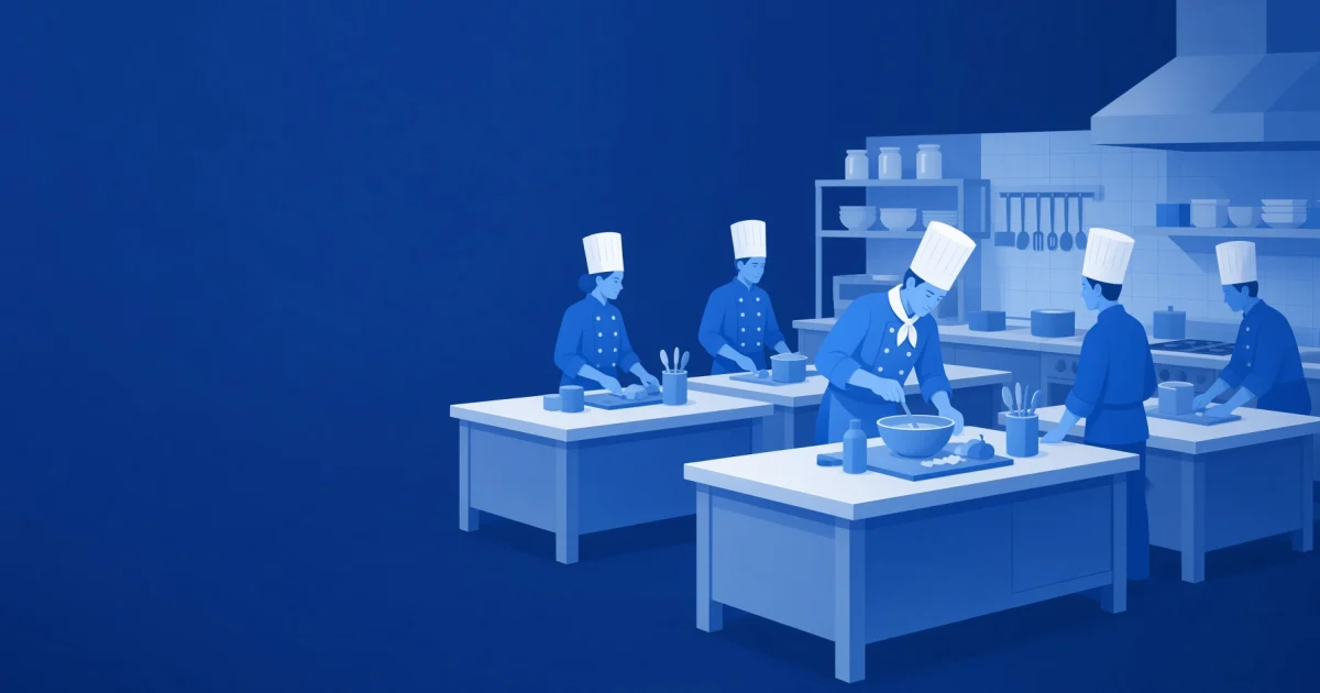 Cocina de hotel con tres mesas de trabajo, cada una con un grupo de cocineros y un instructor.
