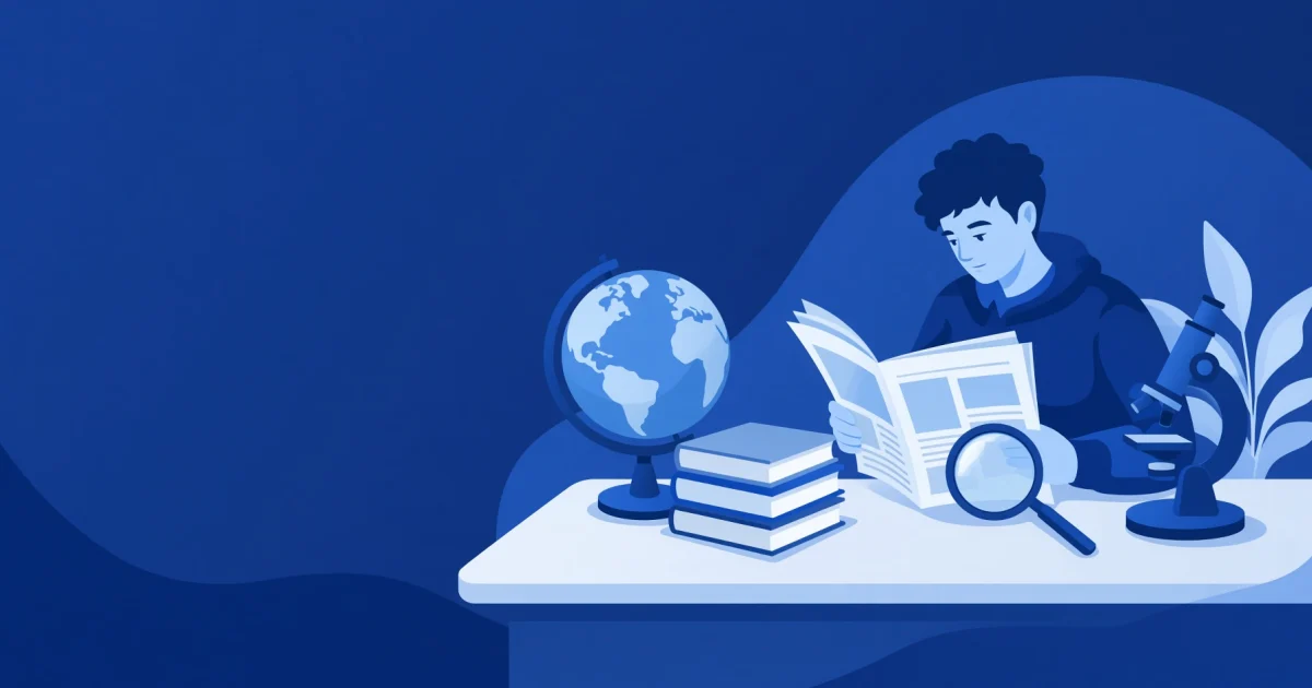 Persona joven leyendo un periódico junto a un globo terráqueo, una pila de libros, un microscopio y una lupa.