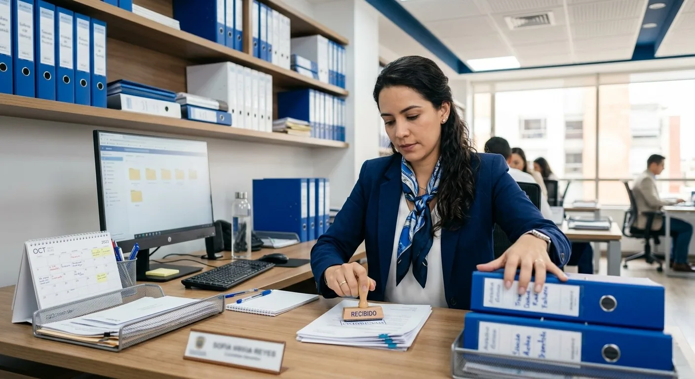 Una secretaria ejecutiva sella la correspondencia recibida en una oficina pública, con el archivo detrás.